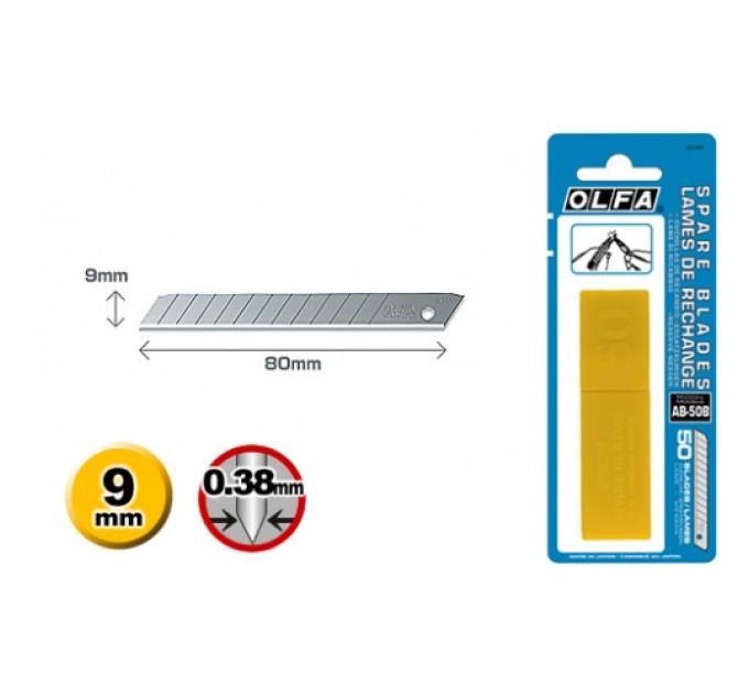 Лезвие OLFA AB-50B; блистер 50 шт; для 180Black, SVR-1, SVR-2, 300, A-2, A-3, S, SPC-1, ES-1/green, NA-1, A-5, PA-2, XA-1, DA -1, A-1 (130551)