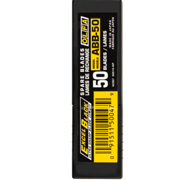 Лезвие OLFA ABB-50 ExcelBlack; туба 50 шт; для 180Black, SVR-1, SVR-2, 300, A-2, A-3, S, SPC-1, ES-1/green, NA-1, A-5, PA-2, XA-1, DA -1, A-1 (131511)