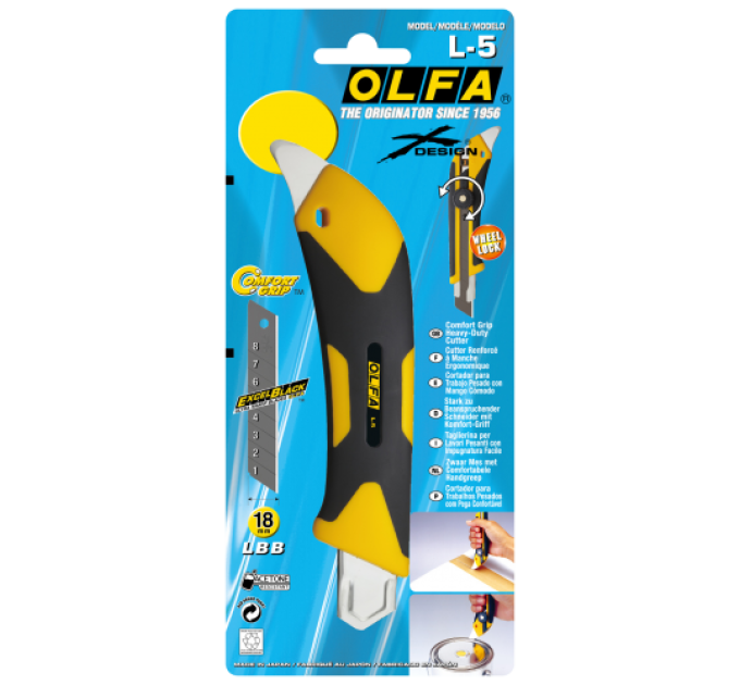 Нож OLFA L-5 X-design серии ComfortGrip; фиксация лезвия колесиком; встроенный жесткий металлический резец толщиной 1,2 мм для многоцелевого использования (165511)