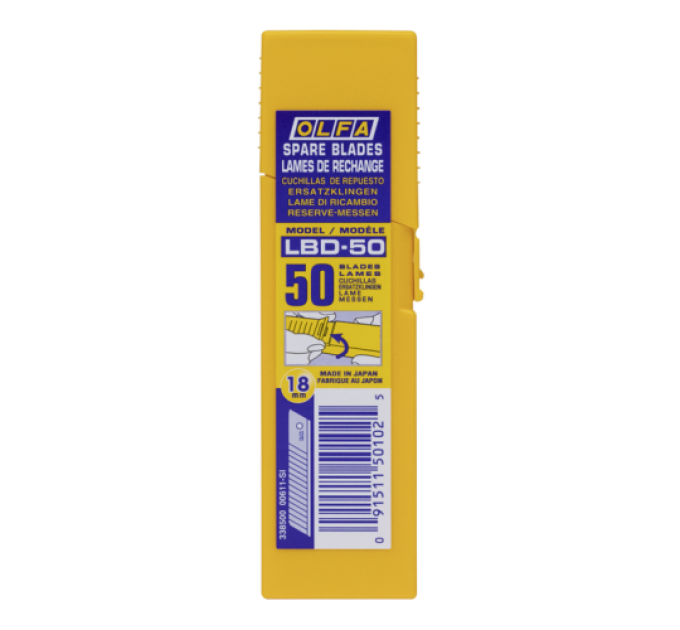 Лезвие OLFA LBD-50; острые лезвия для тяжелых условий эксплуатации Heavy-Duty;  туба 50 шт; для CL, OL, L-1, L-1/green, L-2,  L-3, XL-2, NL-AL, EXL, BN-L, BN-AL, PL-1, NOL-1, L-5, L5-AL, L-7, L7-AL, MXP-L, MXP-AL, LTD-L, LTD-AL, DL-1, СMP-2 (338510)
