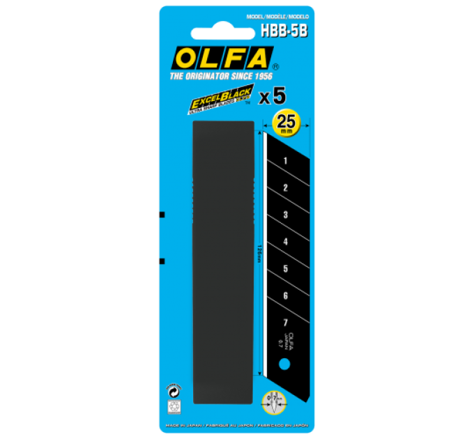 Лезвие OLFA HBB-5B; сверхострые черные лезвия ExcelBlack для тяжелых условий эксплуатации; блистер 5 шт; для H-1, NH-1, XH-1, XH-AL, HSW-1 (405511)