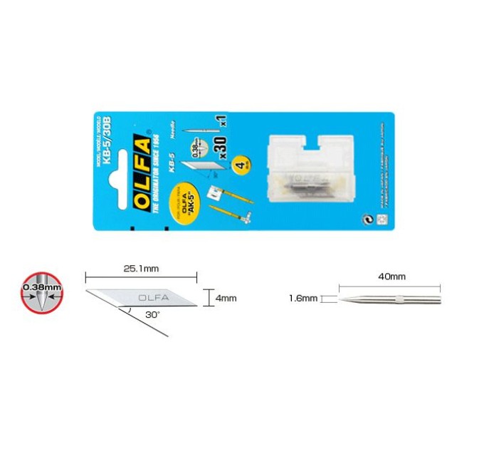 Лезо OLFA KB-5/30B; блистер лезвий 30 шт + иголка 20х1,6 мм; для AK-5 (548510)