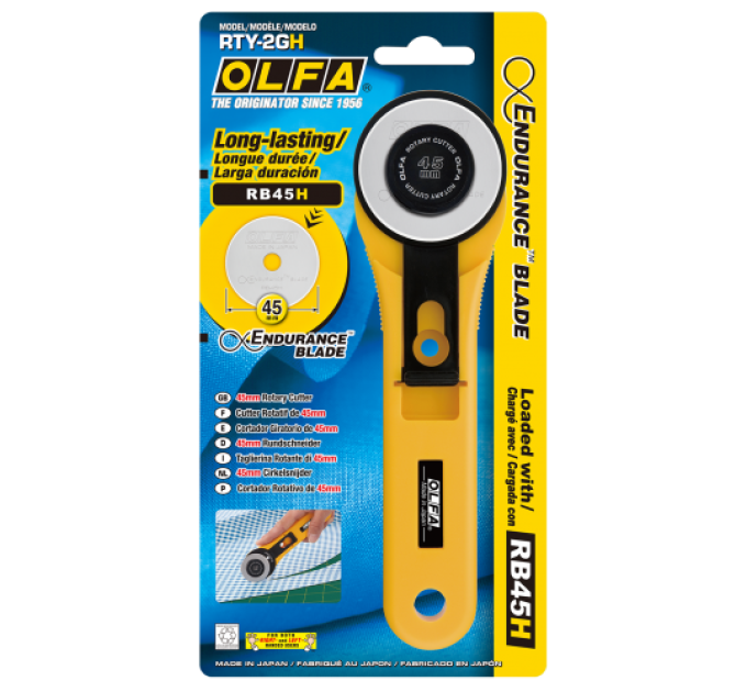 Нож OLFA RTY-2/GH; в комплекте ТС лезвие OLFA Endurance 45 мм RB45H; для работы с различными тканями, многослойными материалами, фольгой, бумагой, кожей (730521)